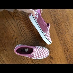 White and maroon check vans